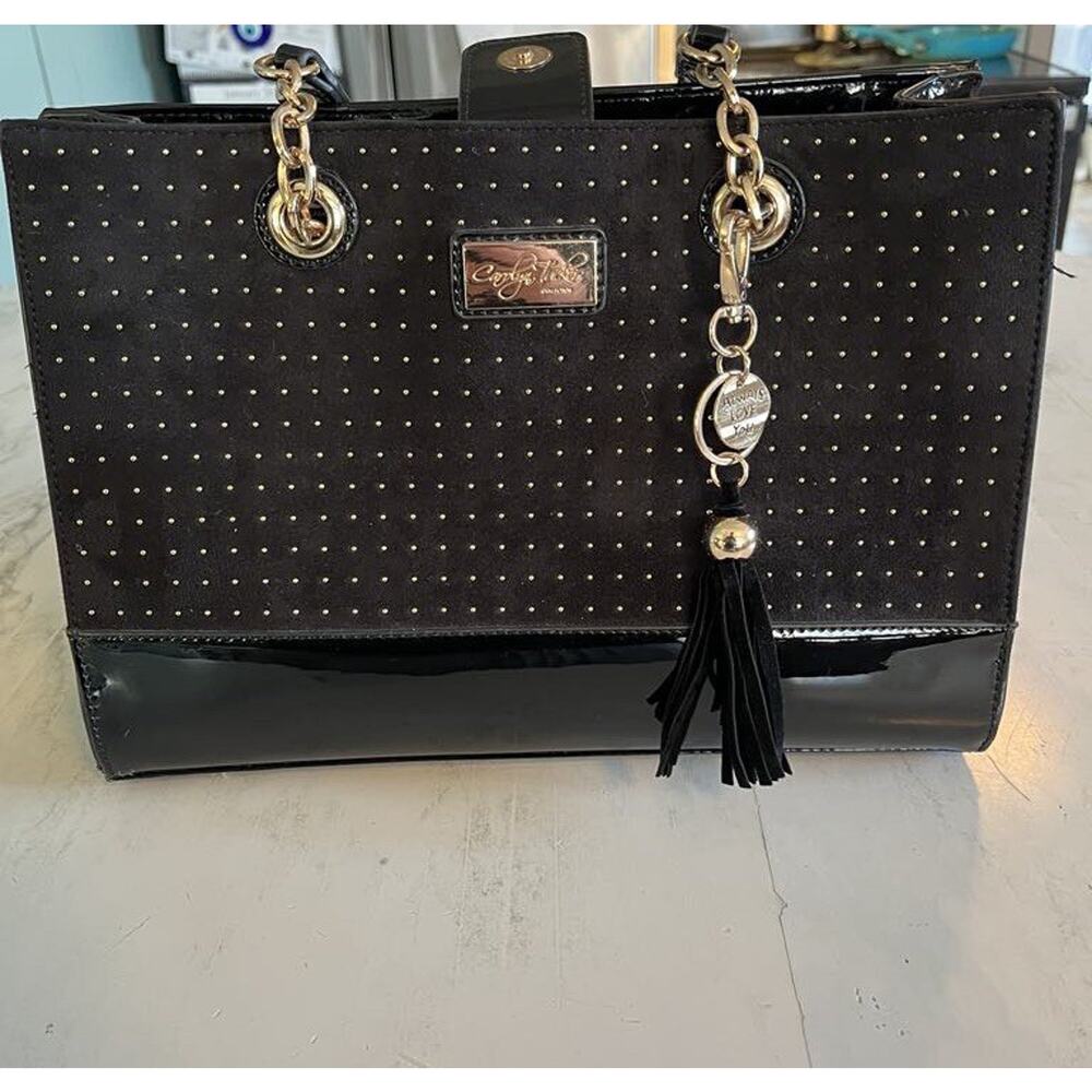 Carolyn Tucker Collection Black Faux Patent Leather handbag Gold Studs